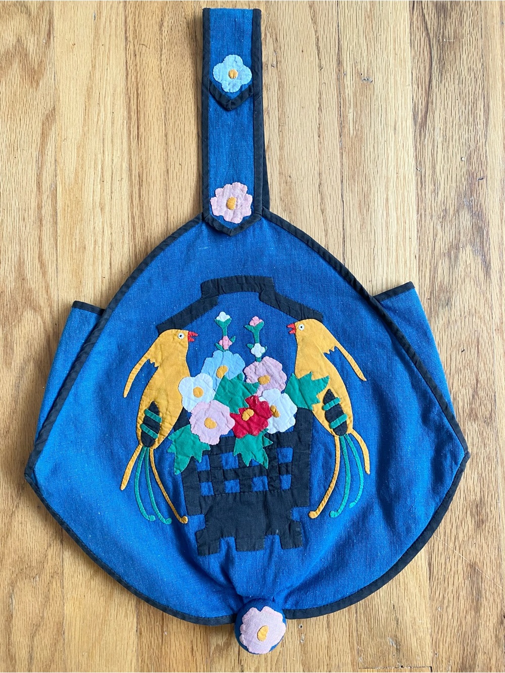 Vintage 50s Blue QUILTED Bird Craft Tote Sewing Crochet Knit Flower Basket Purse